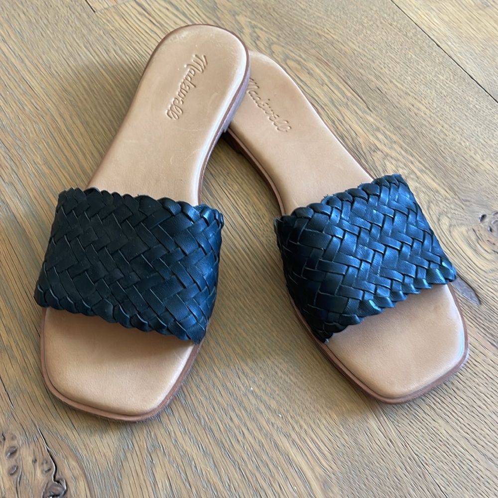 Madewell black braided leather slide sandal. 7.5